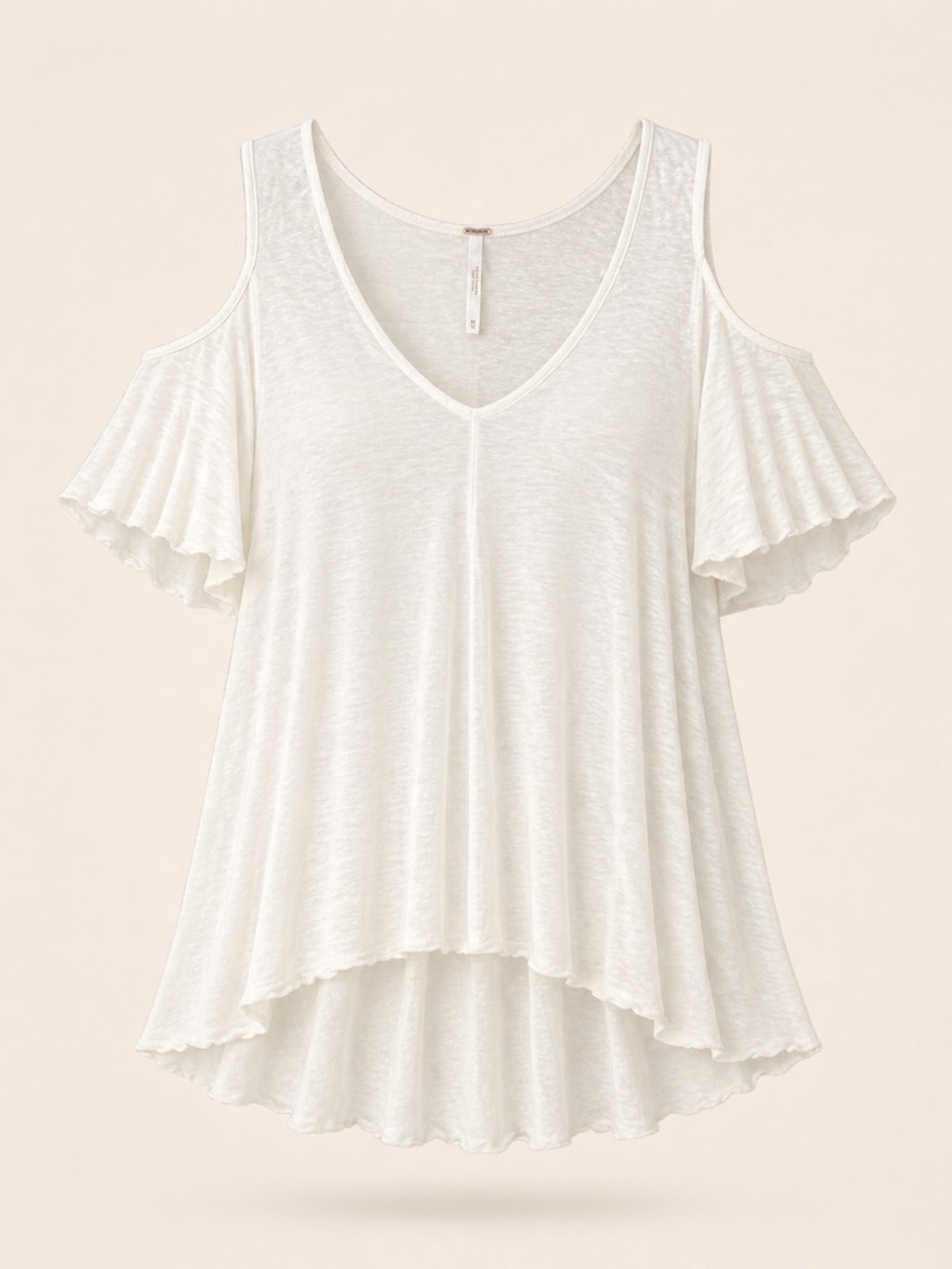 Free People Off White Cold Shoulder Top Boho Flowy Ruffle Sleeve High Low Blouse